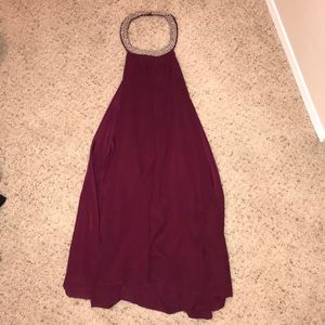 Low back, high neck maroon dress
